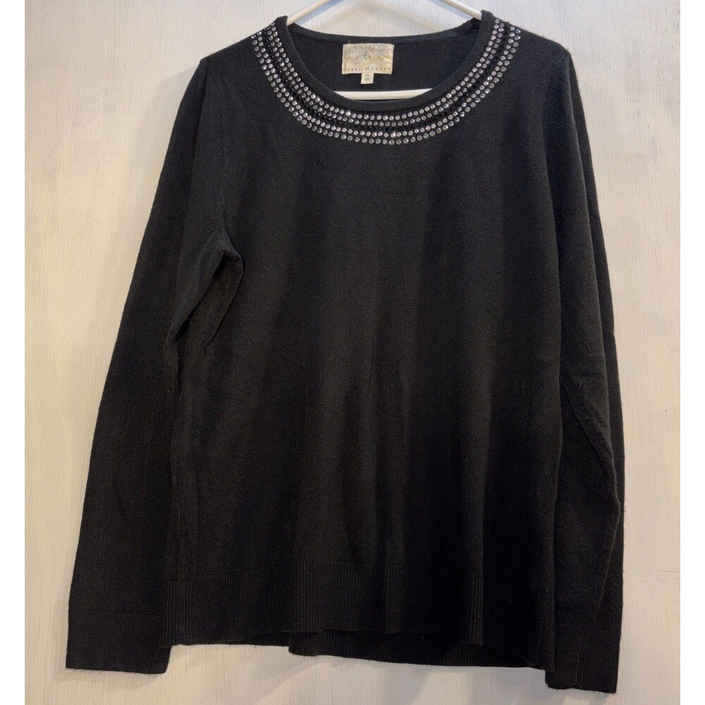 Embellished Knit Black Sweater Size XL Debbie Morgan Acrylic Rhinestone Festive